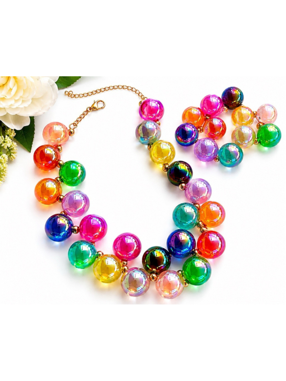 Colorful Iridescent Bubble Bead Necklace Bracelet Set Stretch Rainbow Modern - Picture 3 of 3